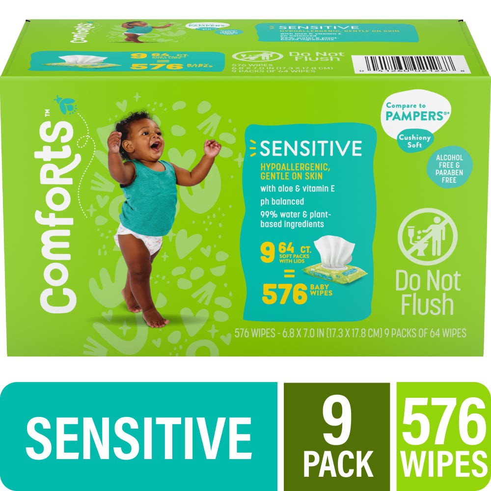 slide 3 of 5, Comforts Sensitive Baby Wipes 9X Soft Pack Box, 9 ct / 64 ct