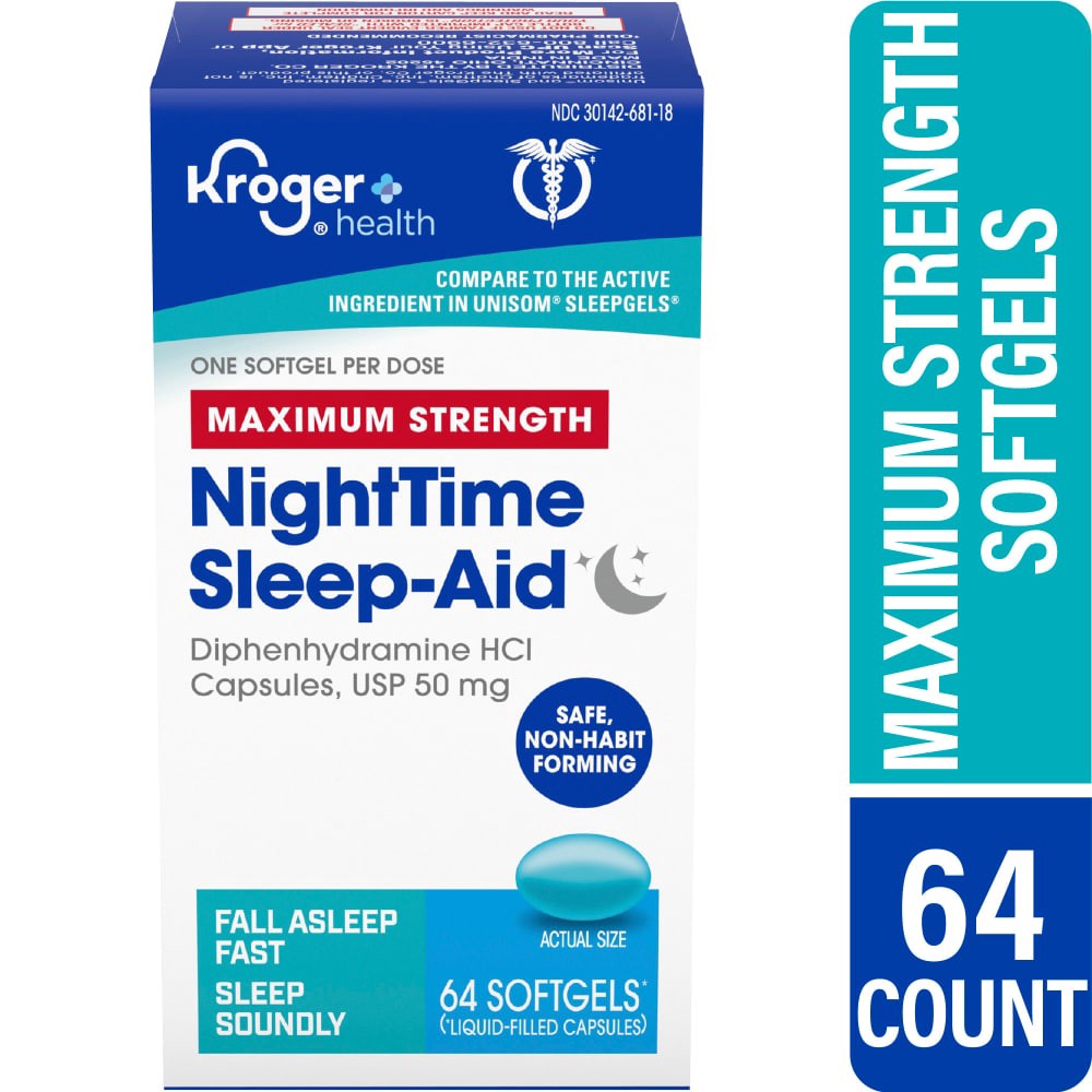 slide 3 of 5, Kroger Maximum Strength Nighttime Sleep-Aid Softgels 50Mg, 64 ct
