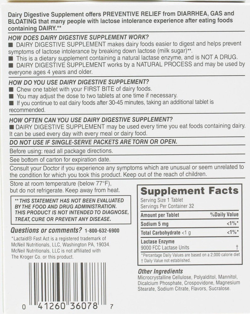 slide 5 of 5, Kroger Vanilla Flavor Dairy Relief Chewable Tablets, 32 ct