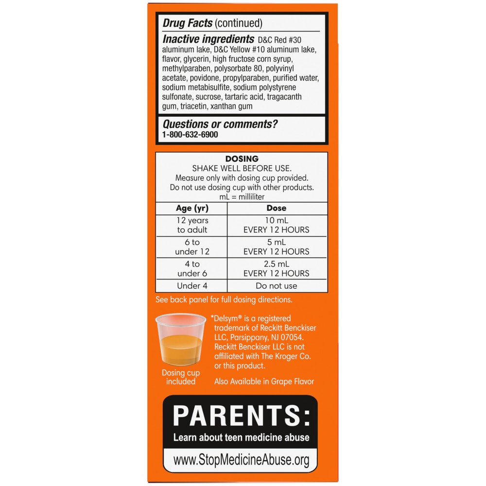 slide 2 of 4, Kroger Cough DM Orange Flavor Liquid Cough Suppressant, 3 fl oz