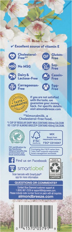 slide 3 of 5, Blue Diamond Almond Breeze Shelf-Stable Unsweetened Vanilla Almondmilk, 64 oz, 2 gal