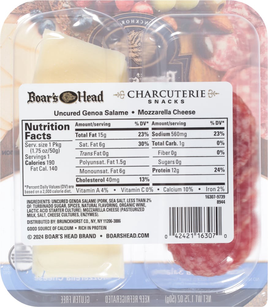 slide 5 of 6, Boar's Head Uncured Genoa Salame & Mozzarella Cheese Charcuterie, 1.75 oz