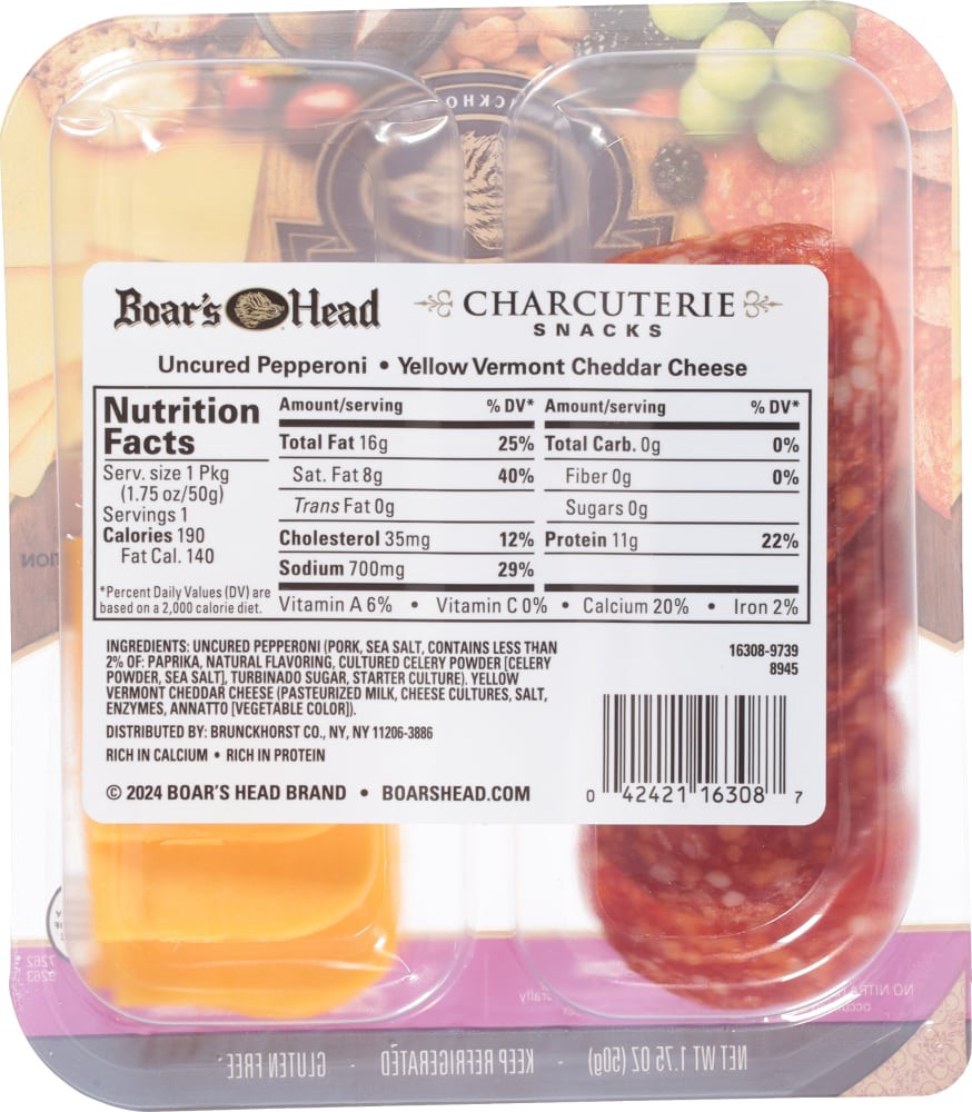 slide 2 of 6, Boar's Head Uncured Pepperoni & Vermont Cheddar Cheese Charcuterie, 1.75 oz