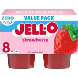 Jell-O Strawberry Artificially Flavored Zero Sugar Ready-to-Eat Gelatin Snack Cups Family Size Pack, 8 ct Cups