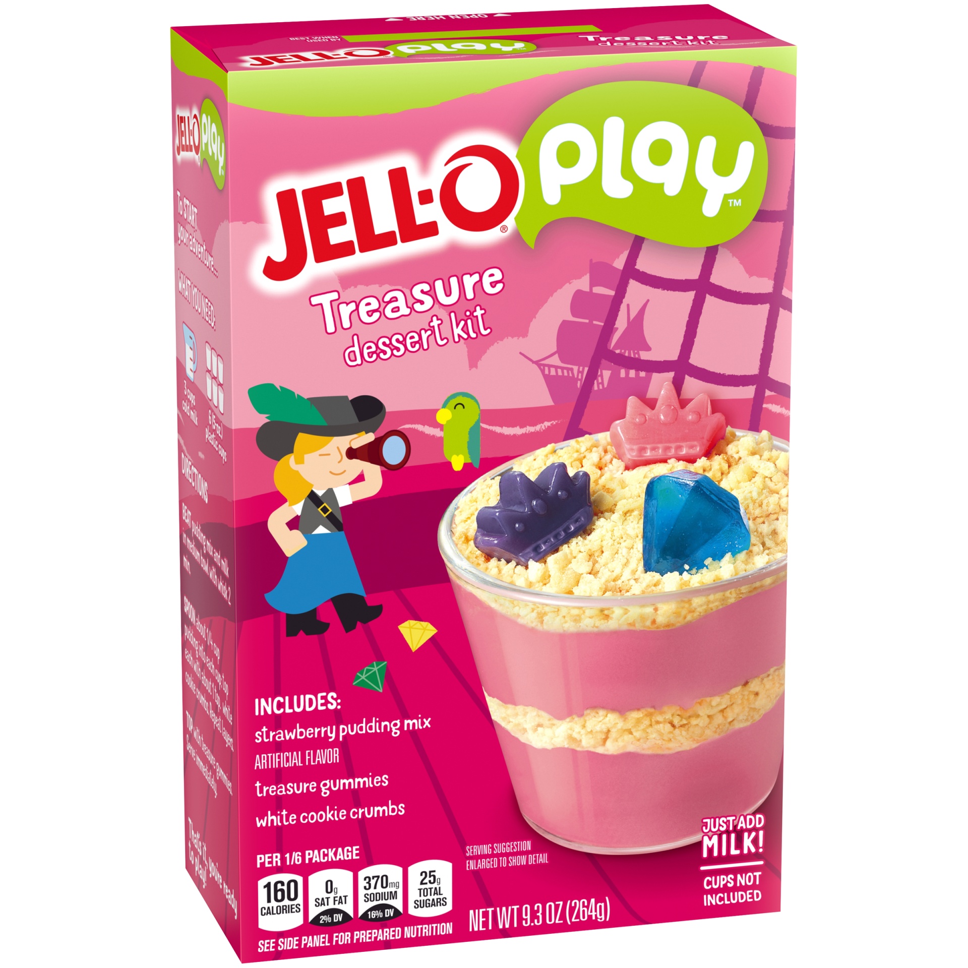 slide 2 of 6, Jell-O Play Treasure Dessert Kit with Strawberry Pudding Mix, Treasure Gummies & White Cookie Crumbs, 9.3 oz