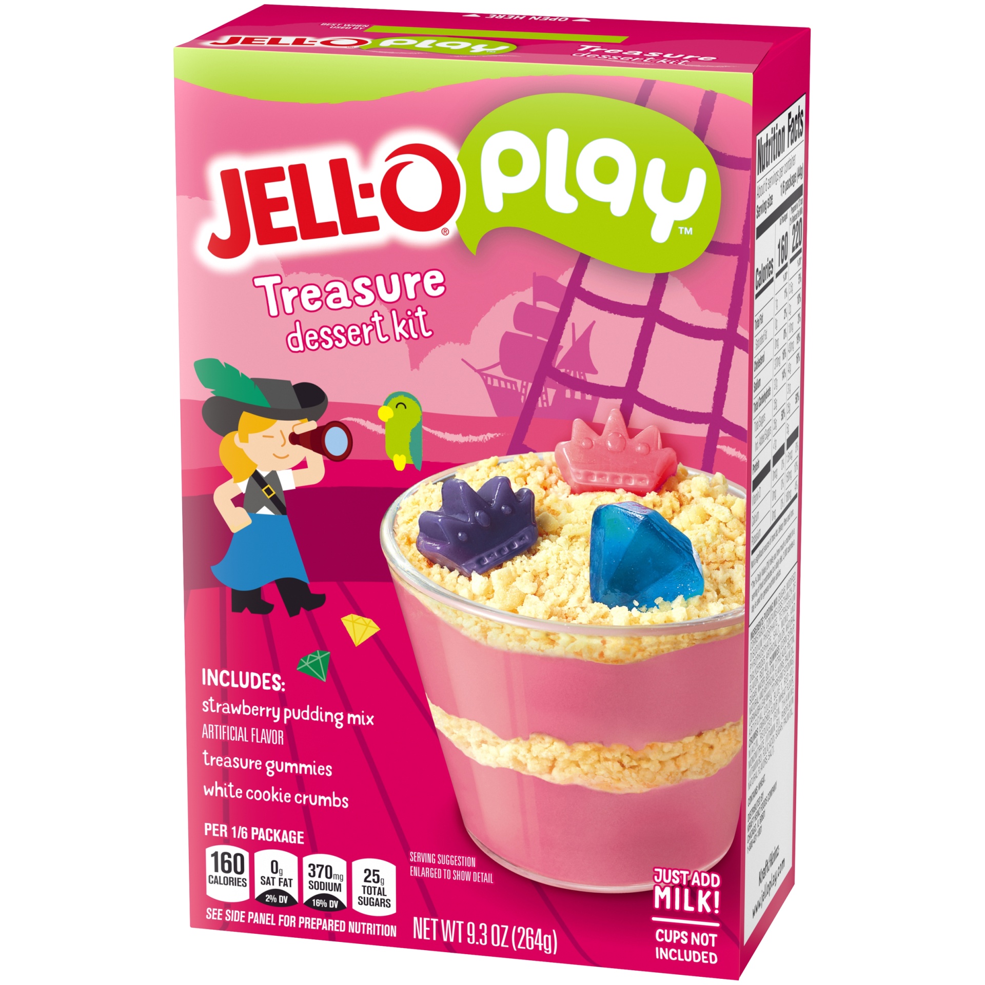 slide 3 of 6, Jell-O Play Treasure Dessert Kit with Strawberry Pudding Mix, Treasure Gummies & White Cookie Crumbs, 9.3 oz