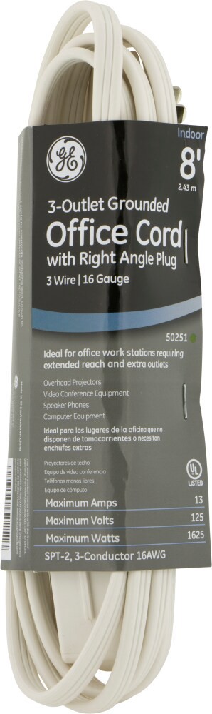 slide 3 of 3, GE Ge Extension Cord Office 3 Wire/16 Gauge 8' White #50251-2, 8 ft