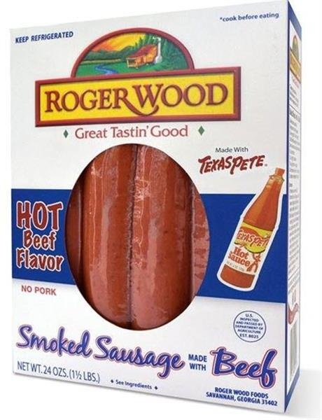 slide 1 of 1, Roger Wood Texas Pete Smoked Beef Sausage, 24 oz