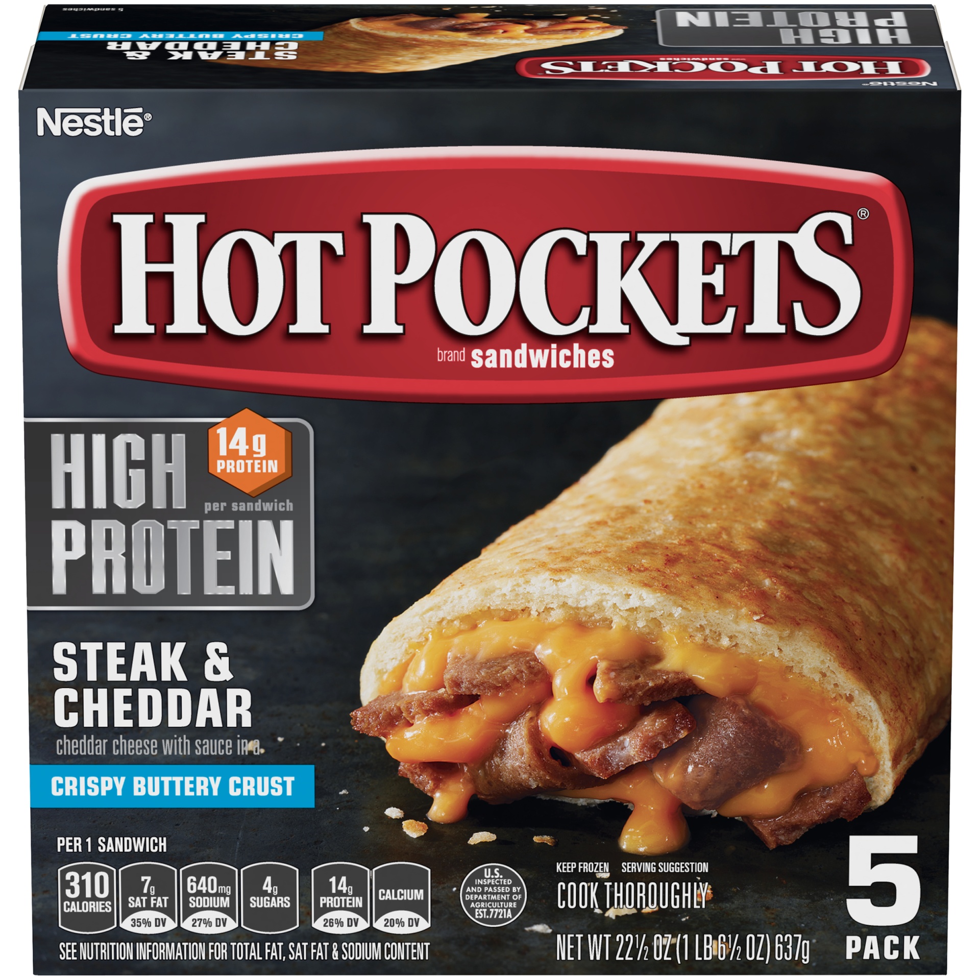 slide 2 of 8, Hot Pockets High Protein Steak & Cheddar Frozen Sandwiches, 5 ct; 4.5 oz