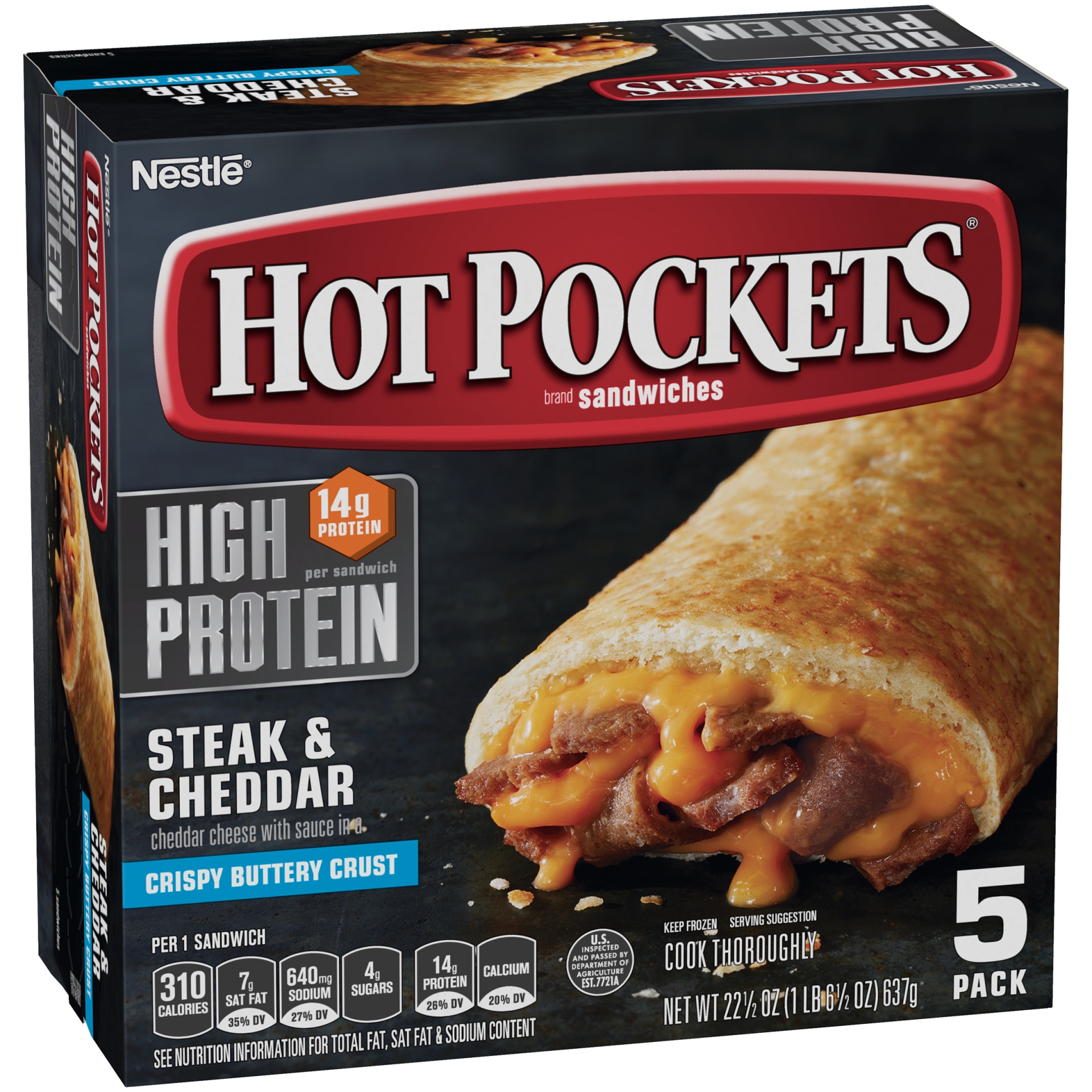 slide 3 of 8, Hot Pockets High Protein Steak & Cheddar Frozen Sandwiches, 5 ct; 4.5 oz