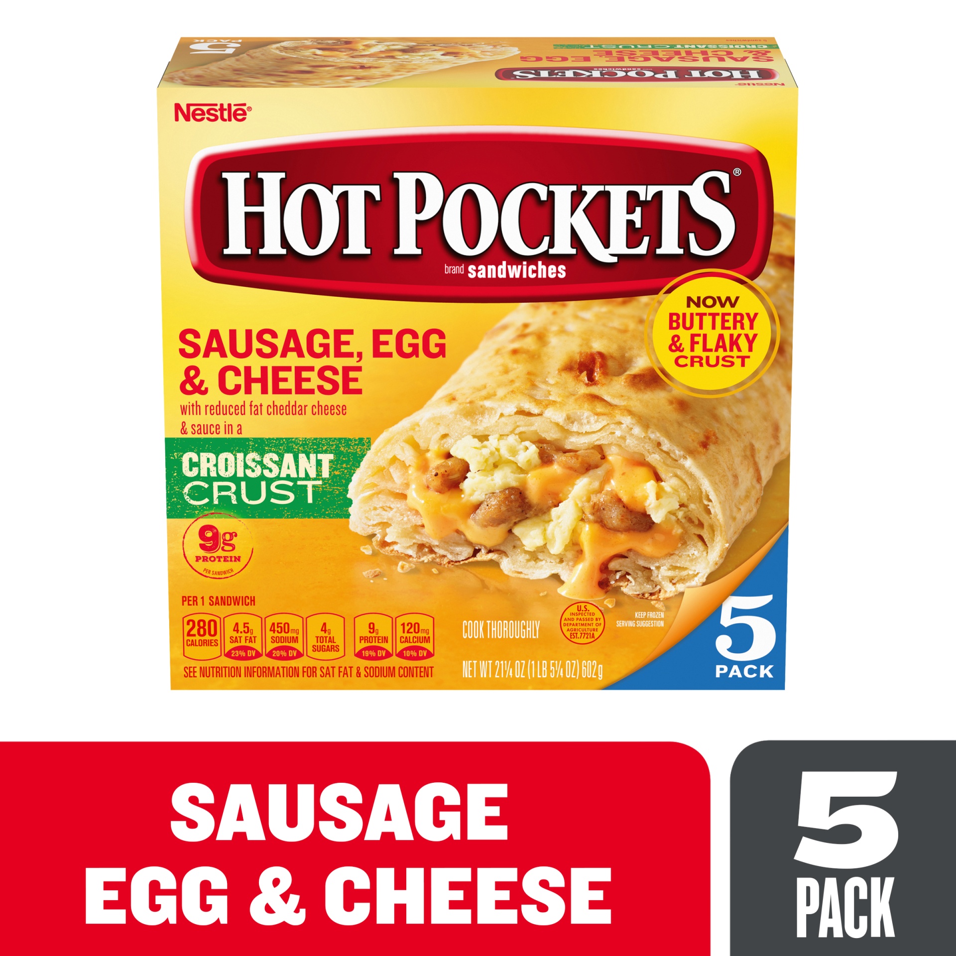 slide 2 of 6, Hot Pockets Sausage, Egg & Cheese Croissant Crust Frozen Breakfast Sandwiches, Breakfast Hot Pockets Made with Real Reduced Fat Cheddar Cheese, 5 Count, 5 ct