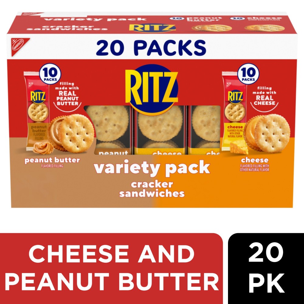 slide 3 of 6, RITZ Peanut Butter and Cheese Sandwich Crackers Variety Pack, Lunch Snacks, 20 Snack Packs (6 Crackers Per Pack), 27.3 oz