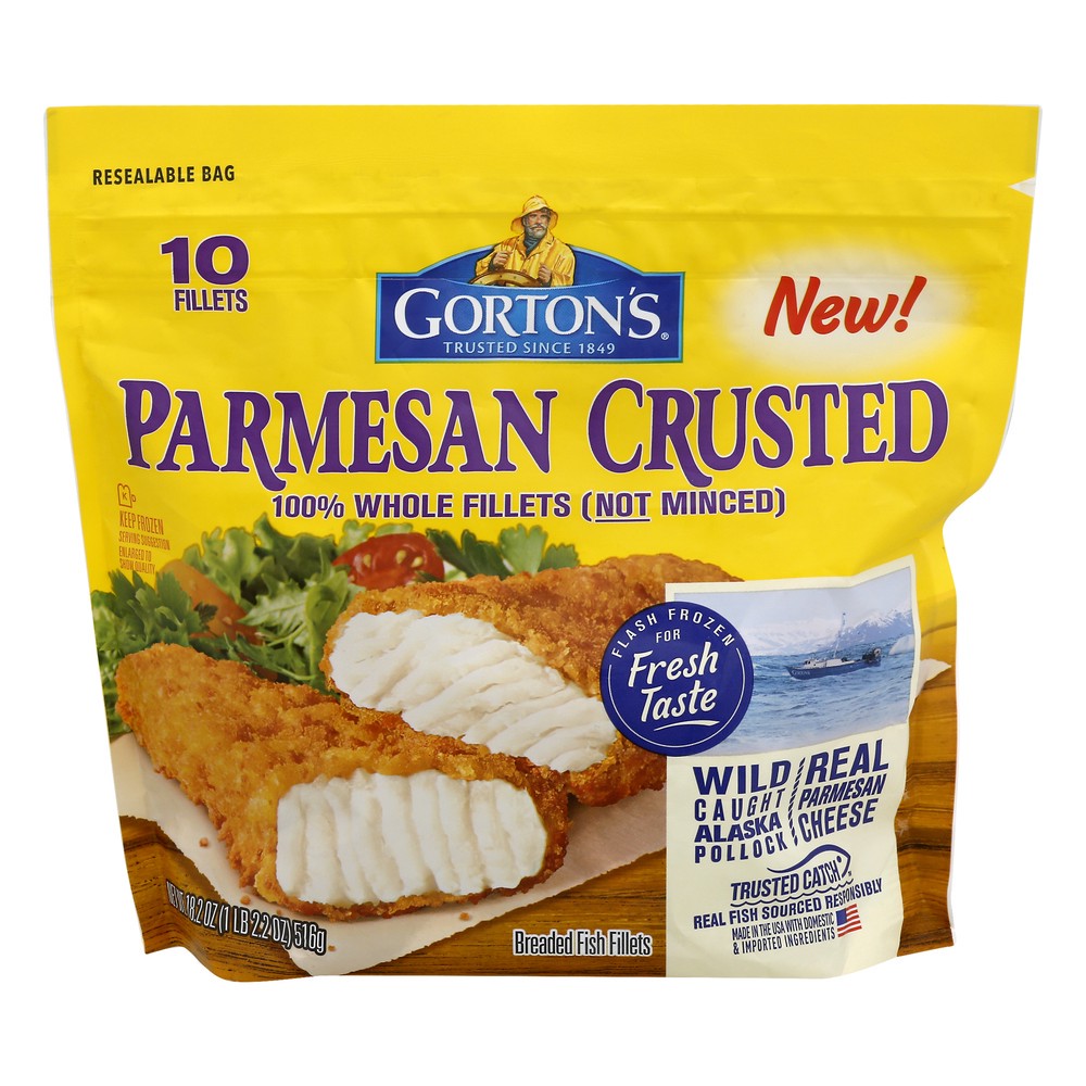 slide 1 of 1, Gorton's Whole Breaded Parmesan Crusted Fish Fillets 10 Each, 10 ct