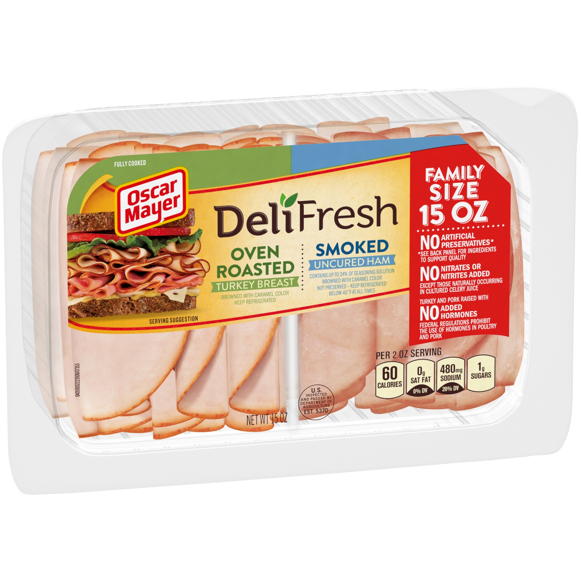 slide 4 of 6, Oscar Mayer Deli Fresh Oven Roasted Turkey Breast & Smoked Uncured Ham Sliced Lunch Meat Variety Pack Family Size Tray, 15 oz