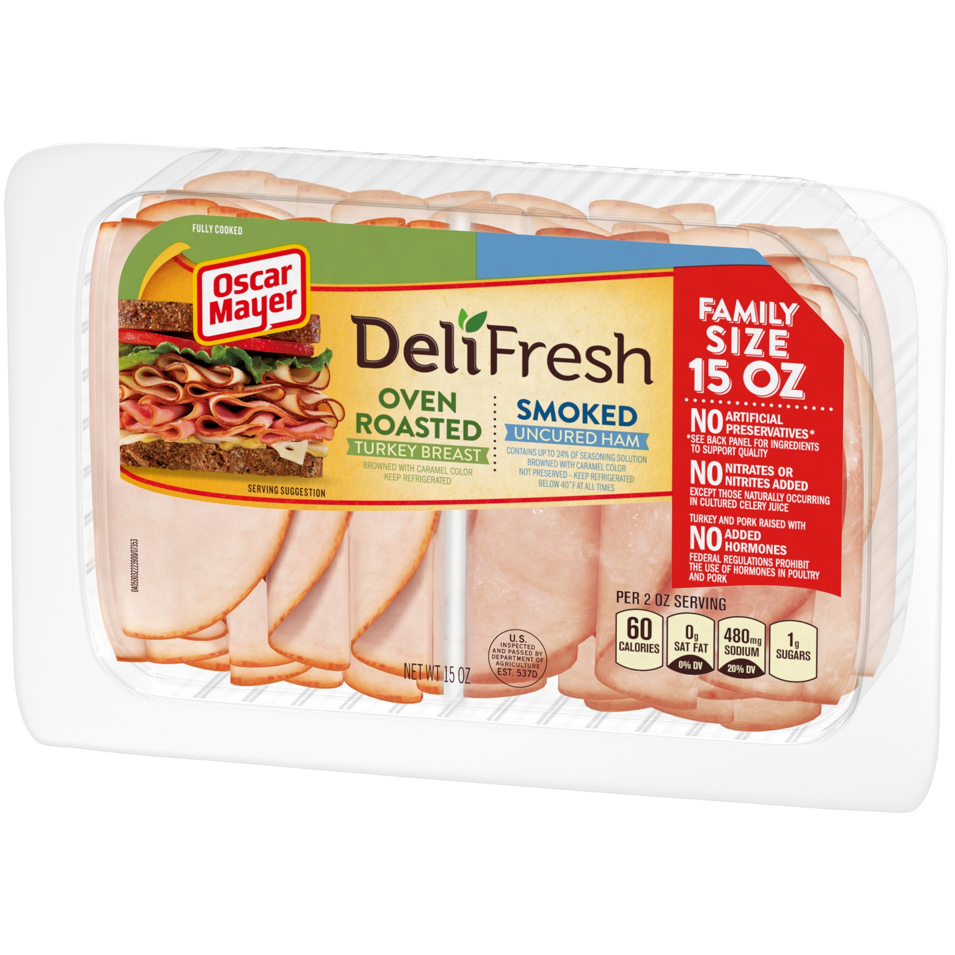 slide 5 of 6, Oscar Mayer Deli Fresh Oven Roasted Turkey Breast & Smoked Uncured Ham Sliced Lunch Meat Variety Pack Family Size Tray, 15 oz
