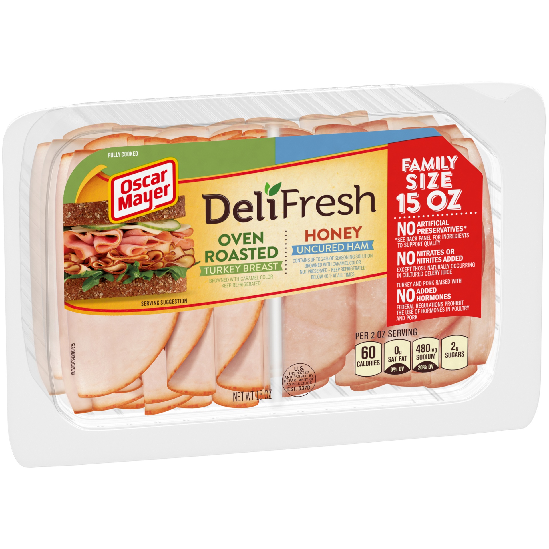 slide 2 of 6, Oscar Mayer Deli Fresh Oven Roasted Turkey Breast & Honey Uncured Ham Sliced Lunch Meat Variety Pack Family Size Tray, 15 oz