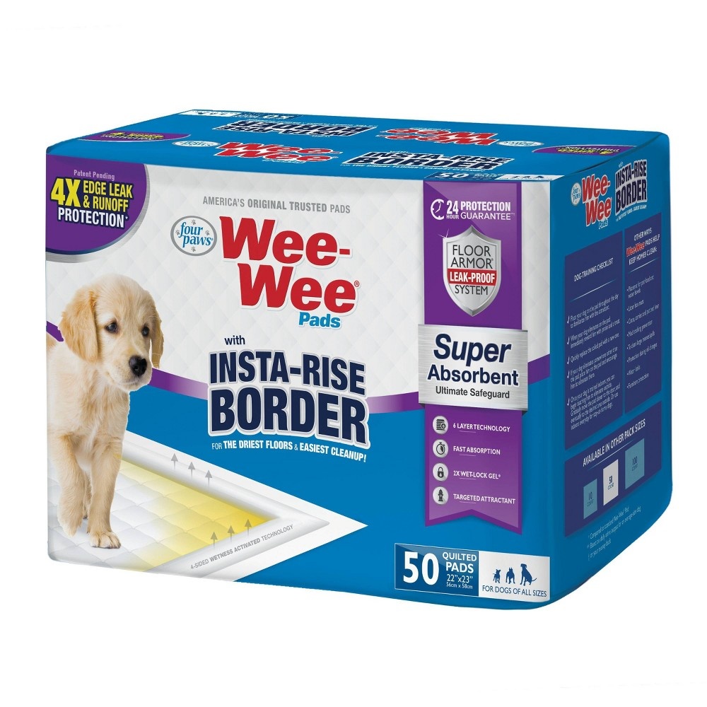 slide 3 of 5, Four Paws Four Paws Wee-Wee Super Absorbent Dog Pee Pads with Insta-Rise Border 22" x 23" (50 Pack), 50 ct