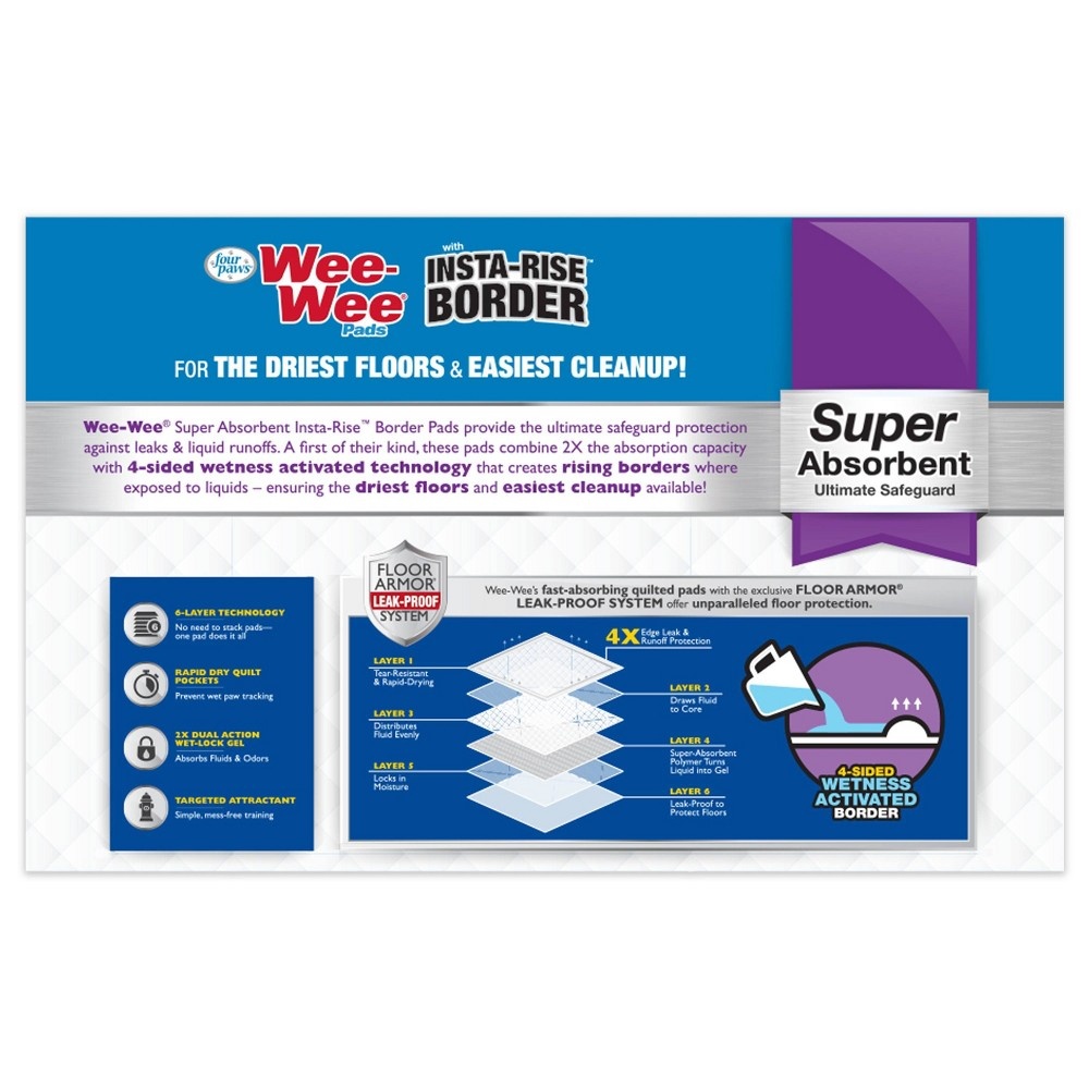 slide 2 of 5, Four Paws Four Paws Wee-Wee Super Absorbent Dog Pee Pads with Insta-Rise Border 22" x 23" (50 Pack), 50 ct