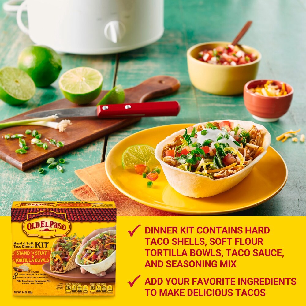 slide 3 of 6, Old El Paso Stand 'N Stuff Shells and Tortilla Bowls, Hard & Soft Taco Dinner Kit, 9.4 oz., 9.4 oz