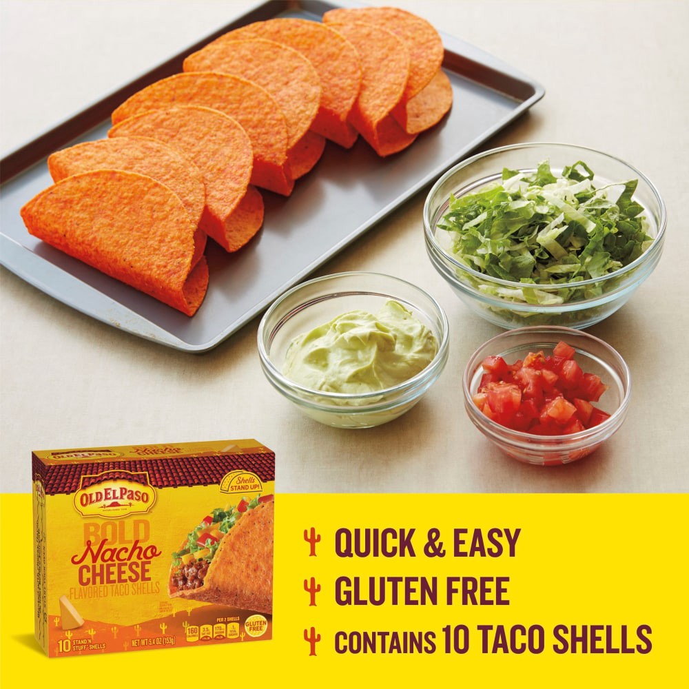 slide 3 of 6, Old El Paso Stand 'N Stuff Bold Nacho Cheese Flavored Taco Shells, Gluten Free, 10 Ct, 5.4 oz, 5.4 oz