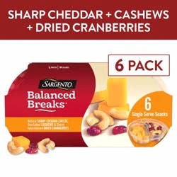 Sargento Balanced Breaks Natural Sharp Cheddar Cheese, Sea-Salted Cashews and Cherry Juice-Infused Dried Cranberries Snack Kit, 6-Pack
