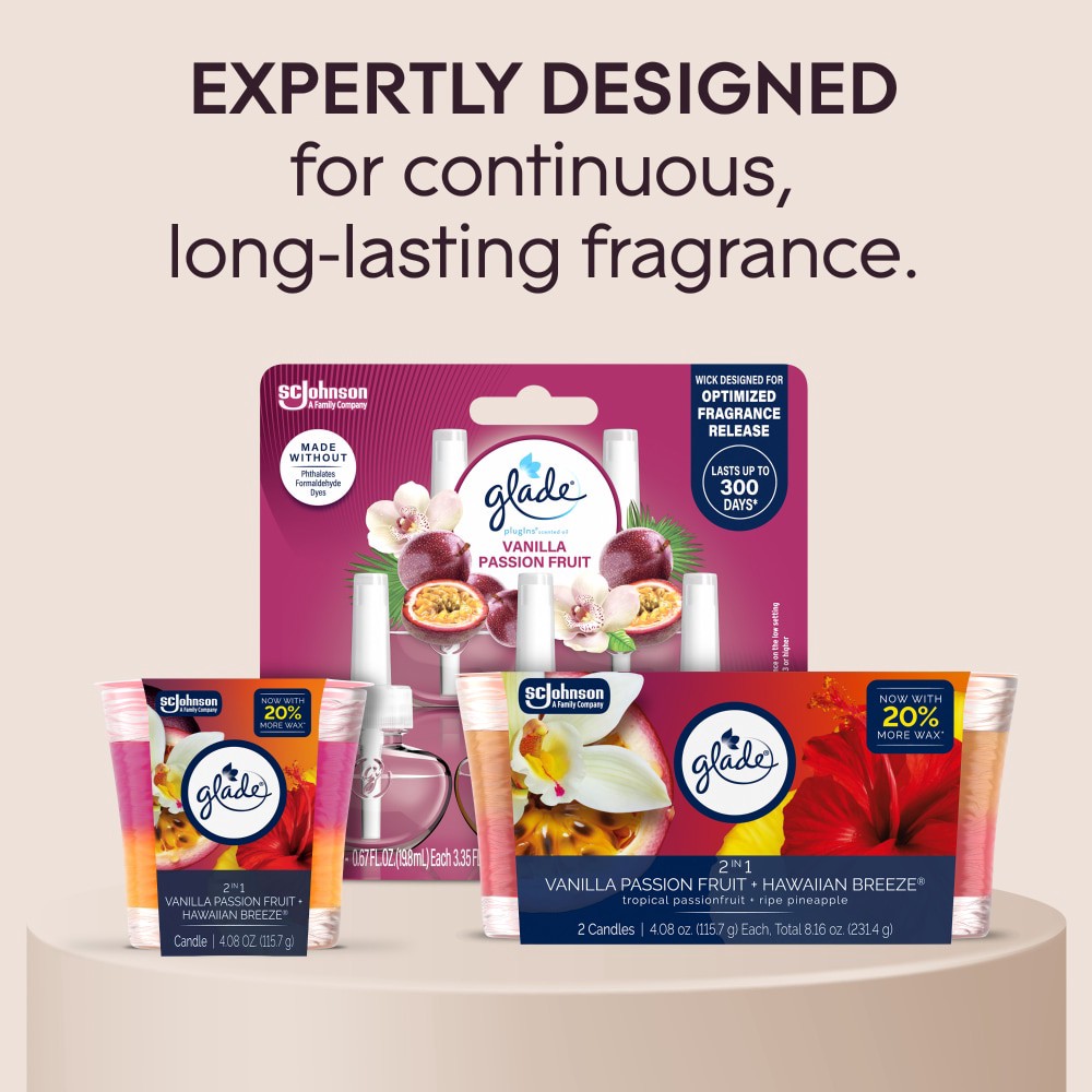 slide 3 of 6, Glade Scented Candle Jar, Vanilla Passion Fruit & Hawaiian Breeze 2-in-1, Fragrance Infused with Essential Oils, 3.4 oz, Pack of 2, 3.4 oz