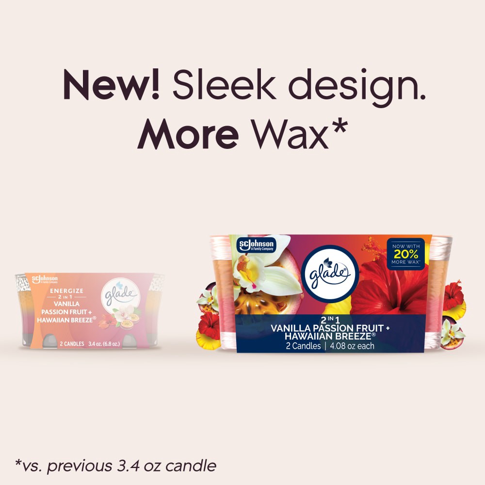 slide 5 of 6, Glade Scented Candle Jar, Vanilla Passion Fruit & Hawaiian Breeze 2-in-1, Fragrance Infused with Essential Oils, 3.4 oz, Pack of 2, 3.4 oz