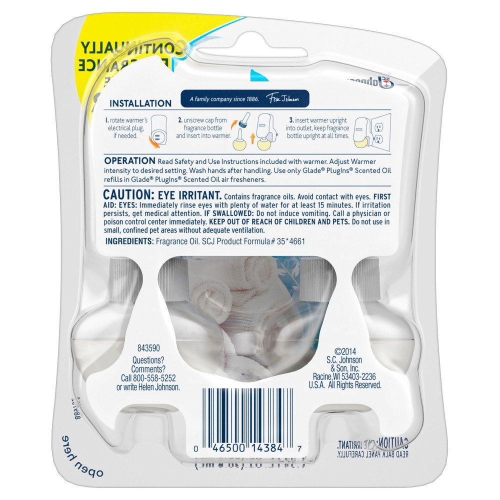 slide 3 of 7, Glade PlugIns Scented Oil 2 Refills, Air Freshener, Clean Linen, Essential Oil Infused Wall Plug In, 1.34 FL OZ, Pack of 2, 2 ct