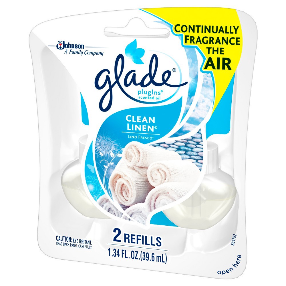 slide 4 of 7, Glade PlugIns Scented Oil 2 Refills, Air Freshener, Clean Linen, Essential Oil Infused Wall Plug In, 1.34 FL OZ, Pack of 2, 2 ct