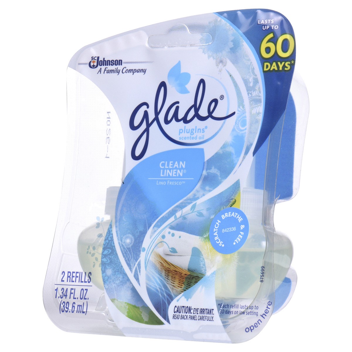 slide 5 of 7, Glade PlugIns Scented Oil 2 Refills, Air Freshener, Clean Linen, Essential Oil Infused Wall Plug In, 1.34 FL OZ, Pack of 2, 2 ct
