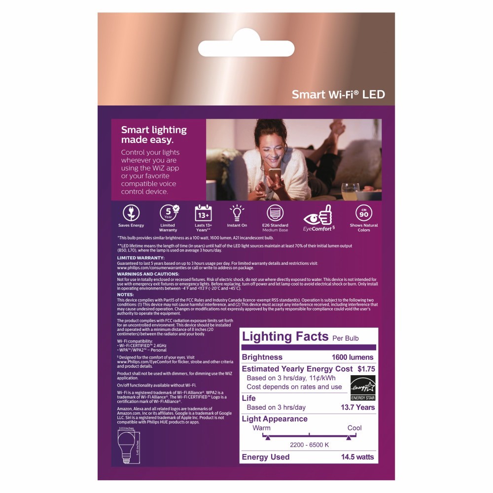 slide 2 of 2, Philips Smart Wi-Fi 100W Led Full Color A21 Light Bulb, 1 ct