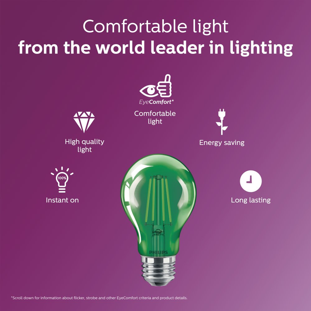 slide 5 of 5, Philips 4-Watt (40-Watt) A19 Led Dimmable Green Light Bulb, 1 ct