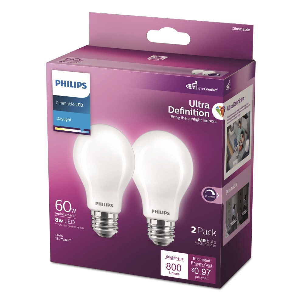slide 5 of 6, Philips 8-Watt (40-Watt) A19 Led Dimmable Flicker Free Light Bulb - Daylight (5000K), 2 ct