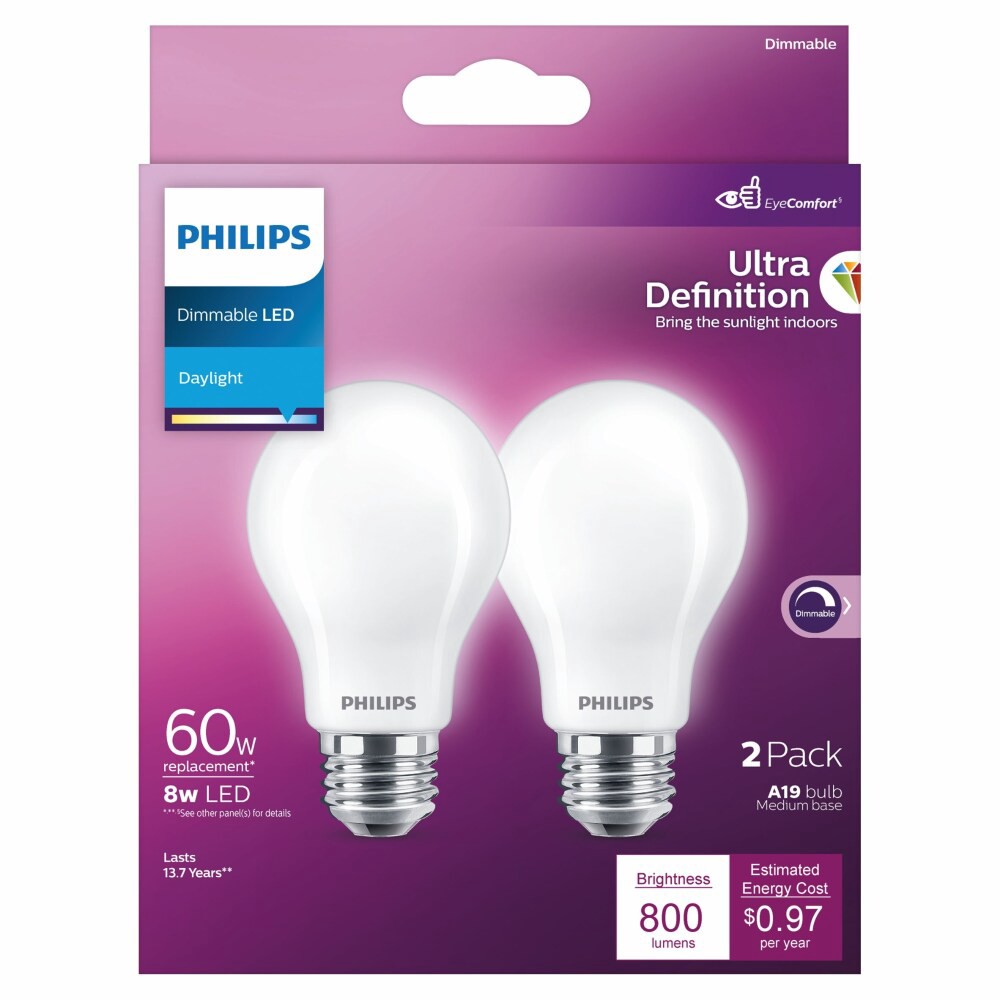 slide 2 of 6, Philips 8-Watt (40-Watt) A19 Led Dimmable Flicker Free Light Bulb - Daylight (5000K), 2 ct