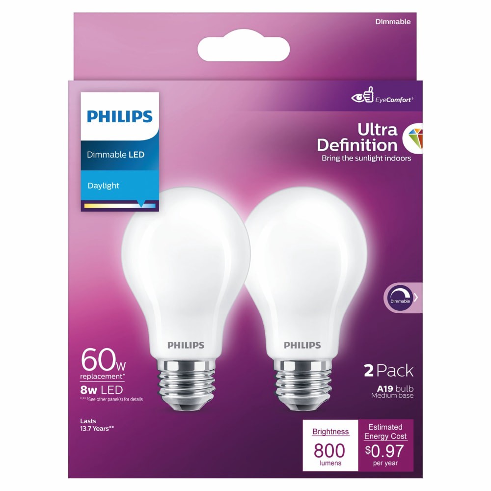 slide 2 of 6, Philips 8-Watt (40-Watt) A19 Led Dimmable Flicker Free Light Bulb - Daylight (5000K), 2 ct