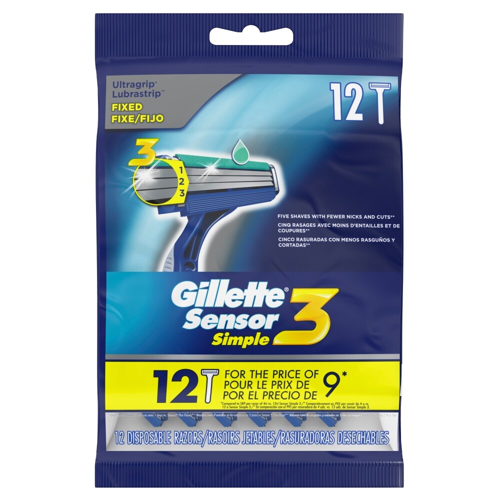 slide 5 of 6, Gillette Sensor3 Simple Men’s Disposable Razors, 12 Count, 12 ct