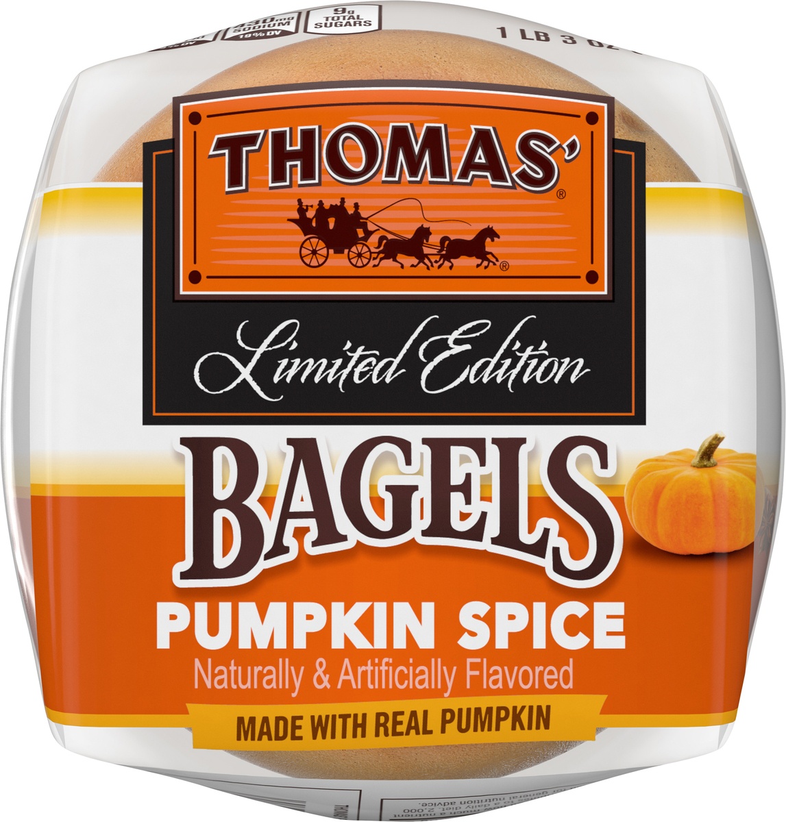 slide 6 of 6, Thomas' Limited Edition Pumpkin Spice Bagels, Made with Real Pumpkin, 6 pack, 19 oz, 6 ct