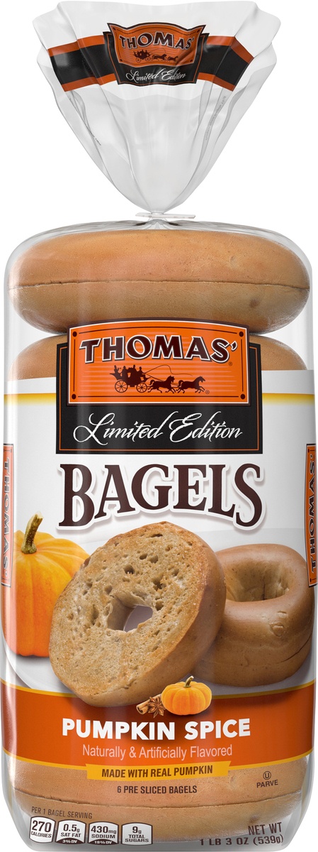 slide 5 of 6, Thomas' Limited Edition Pumpkin Spice Bagels, Made with Real Pumpkin, 6 pack, 19 oz, 6 ct