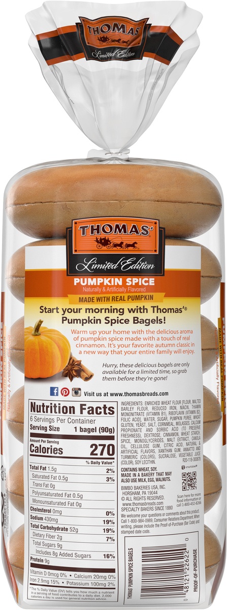 slide 4 of 6, Thomas' Limited Edition Pumpkin Spice Bagels, Made with Real Pumpkin, 6 pack, 19 oz, 6 ct