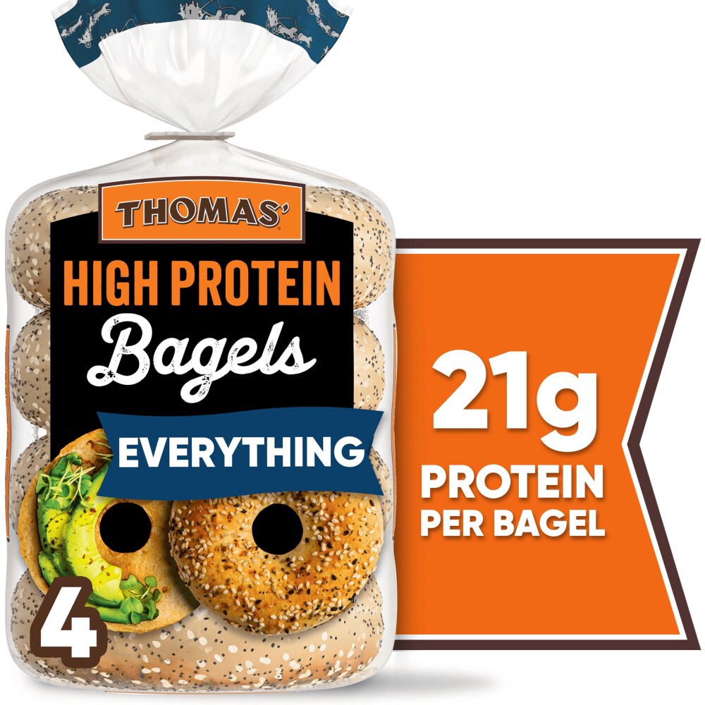 slide 3 of 5, Thomas' High Protein Everything Bagels, 4 count, Bagels, 15.5 oz Bag, 4 count