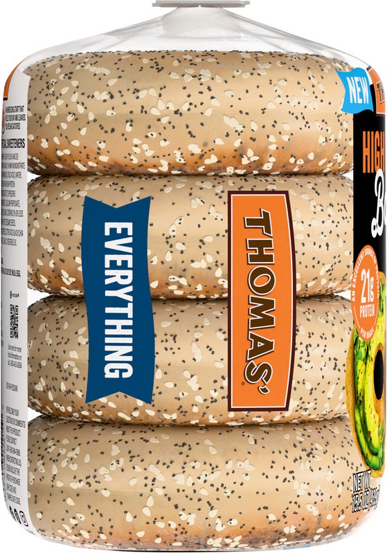 slide 2 of 5, Thomas' High Protein Everything Bagels, 4 count, Bagels, 15.5 oz Bag, 4 count