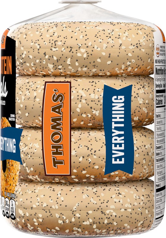 slide 5 of 5, Thomas' High Protein Everything Bagels, 4 count, Bagels, 15.5 oz Bag, 4 count
