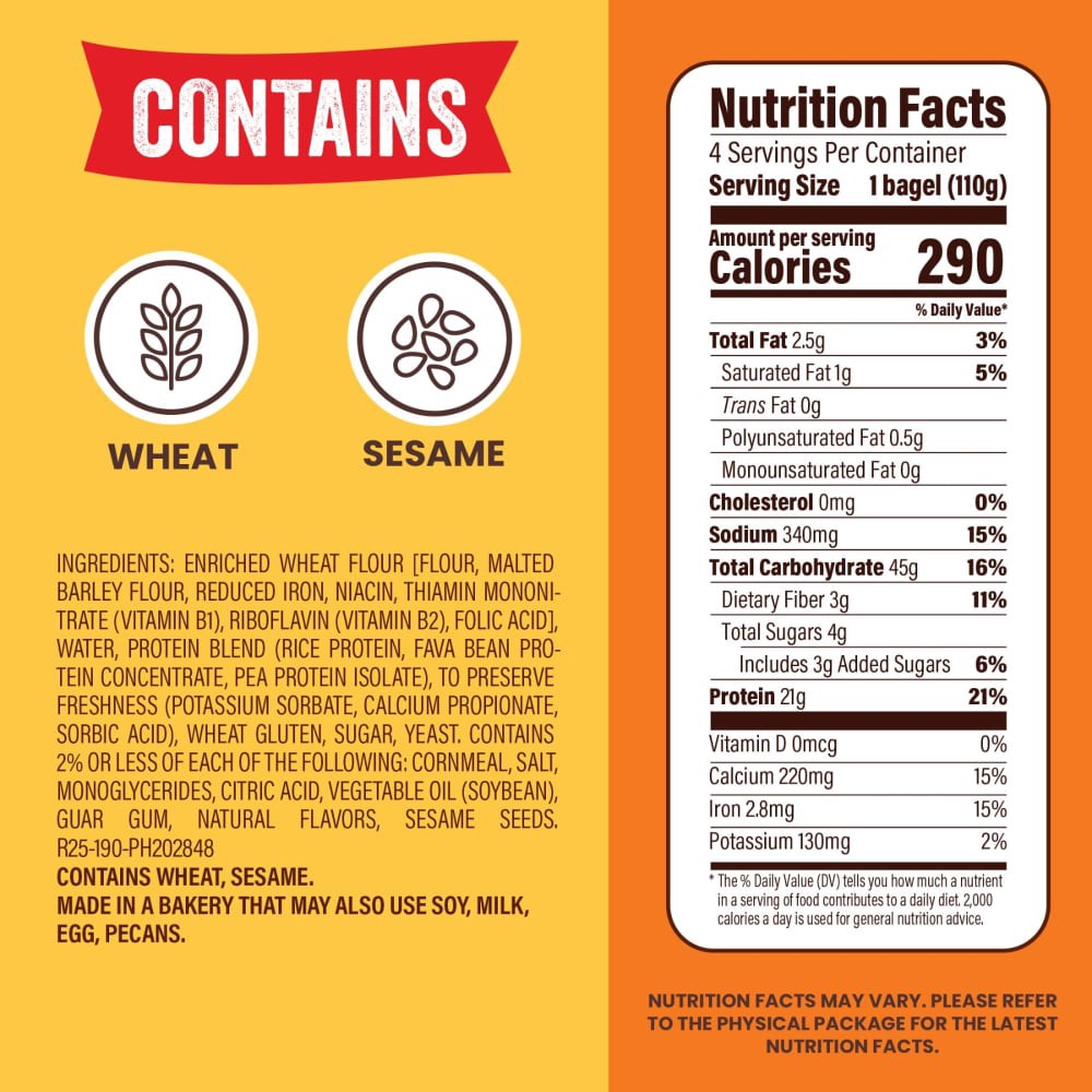 slide 5 of 5, Thomas' High Protein Plain Bagels, 4 count, Bagels, 15.5 oz Bag, 4 count