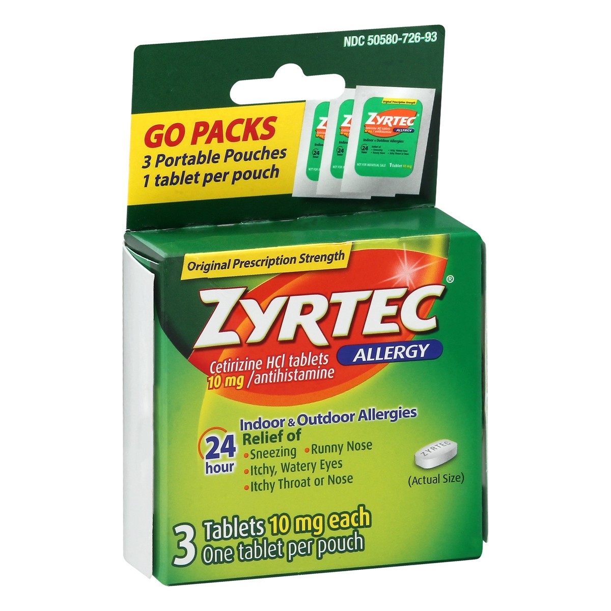 slide 9 of 9, Zyrtec 24 Hour Allergy Relief Tablets, Allergy Medicine with 10 mg Cetirizine HCl per Antihistamine Tablet for Allergies, On-the-Go Relief, Individual Travel Pouches, 3 ct, (3 x 1 ct), 3 ct