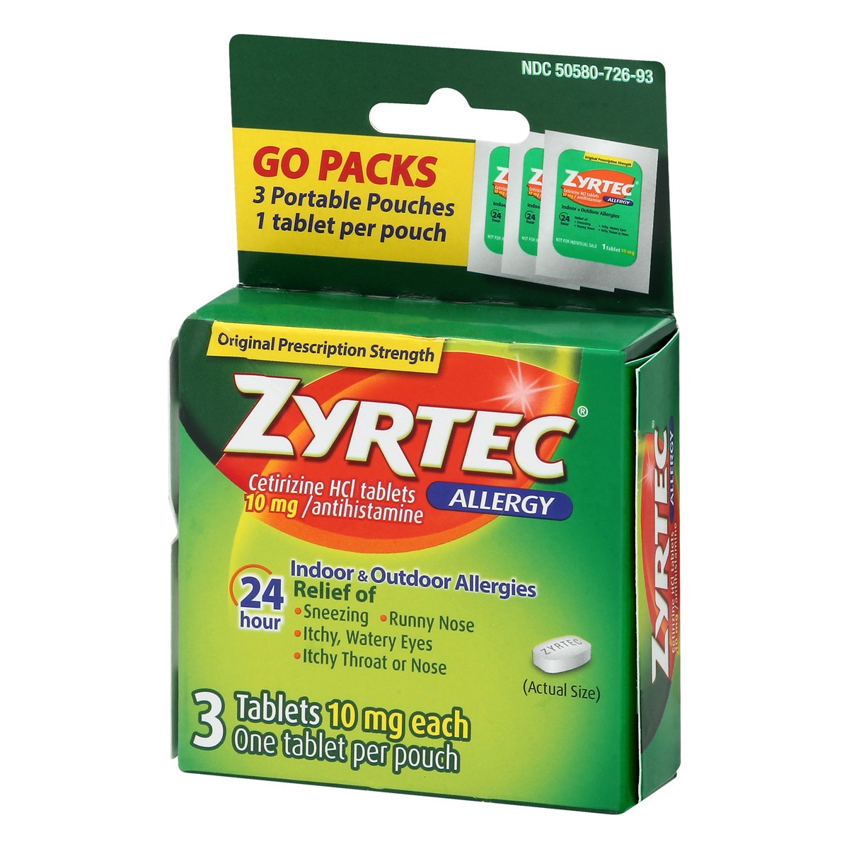 slide 3 of 9, Zyrtec 24 Hour Allergy Relief Tablets, Allergy Medicine with 10 mg Cetirizine HCl per Antihistamine Tablet for Allergies, On-the-Go Relief, Individual Travel Pouches, 3 ct, (3 x 1 ct), 3 ct