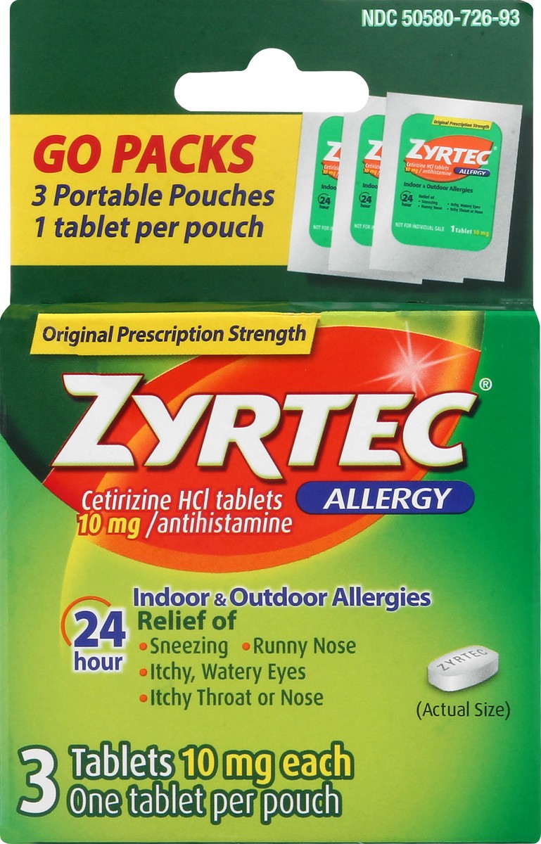 slide 6 of 9, Zyrtec 24 Hour Allergy Relief Tablets, Allergy Medicine with 10 mg Cetirizine HCl per Antihistamine Tablet for Allergies, On-the-Go Relief, Individual Travel Pouches, 3 ct, (3 x 1 ct), 3 ct