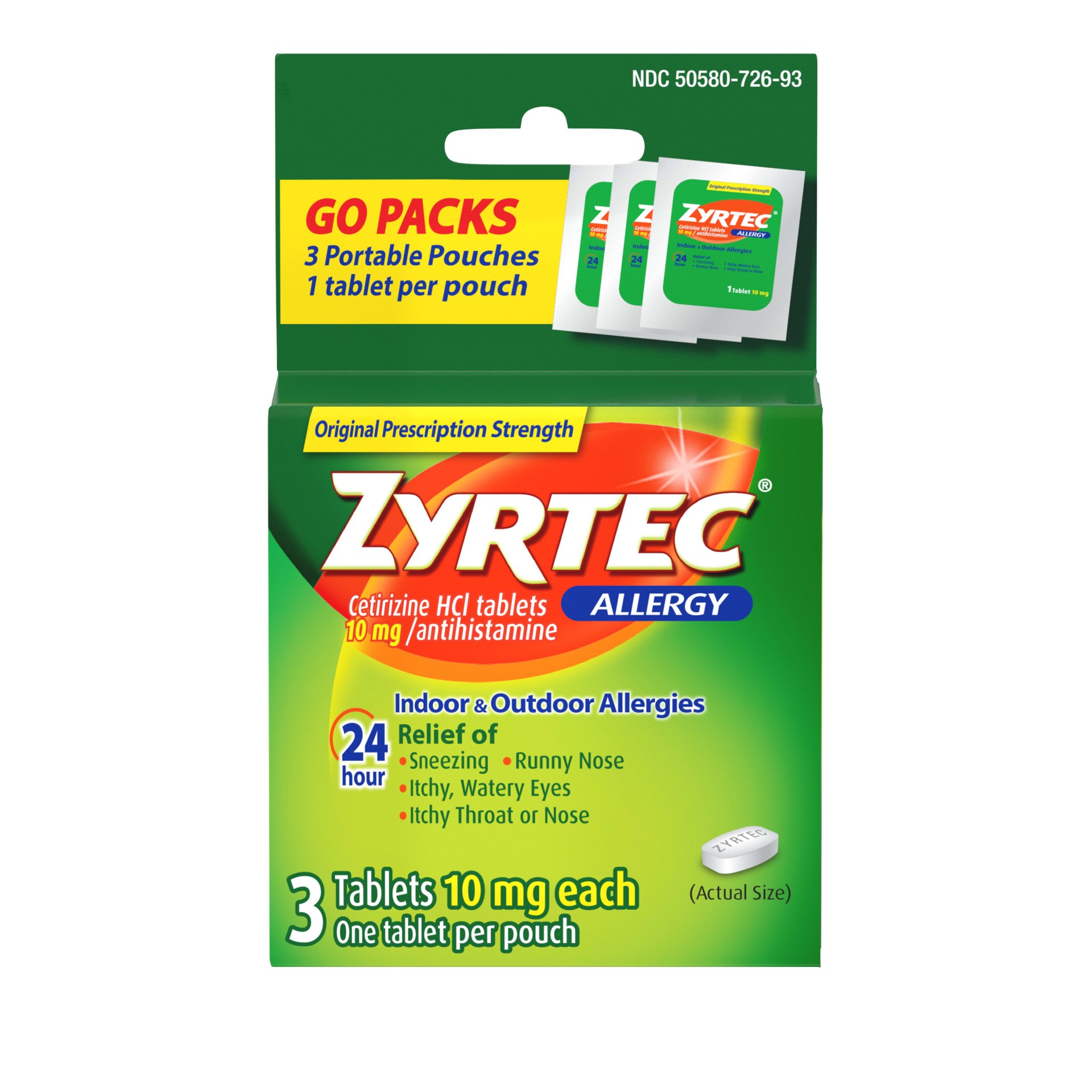 slide 1 of 9, Zyrtec 24 Hour Allergy Relief Tablets, Allergy Medicine with 10 mg Cetirizine HCl per Antihistamine Tablet for Allergies, On-the-Go Relief, Individual Travel Pouches, 3 ct, (3 x 1 ct), 3 ct