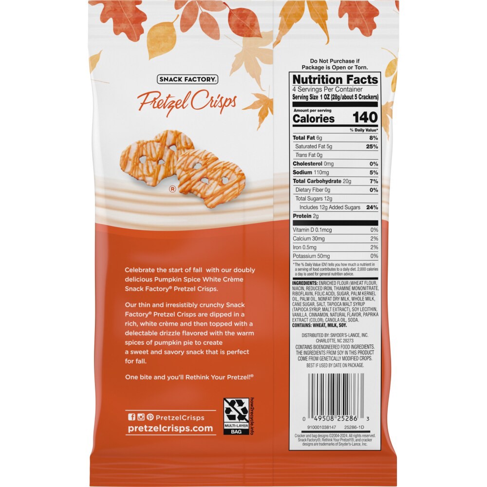 slide 2 of 2, Snack Factory Pretzel Crisps Pumpkin Spice White Crème, 4 oz
