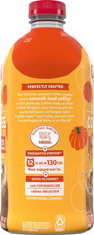 slide 4 of 5, Coffee-Mate Coffee Mate Pumpkin Spice Flavored Iced Coffee, Non-Dairy Cold Coffee, Ready to Drink, 50 fl oz, 50 oz