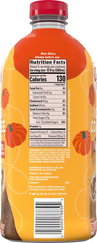 slide 2 of 5, Coffee-Mate Coffee Mate Pumpkin Spice Flavored Iced Coffee, Non-Dairy Cold Coffee, Ready to Drink, 50 fl oz, 50 oz